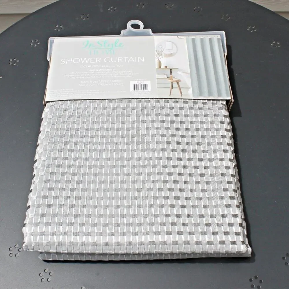 In Style Home Fabric Shower Curtain Basket Weave Oceanside Silver Gray Shimmer